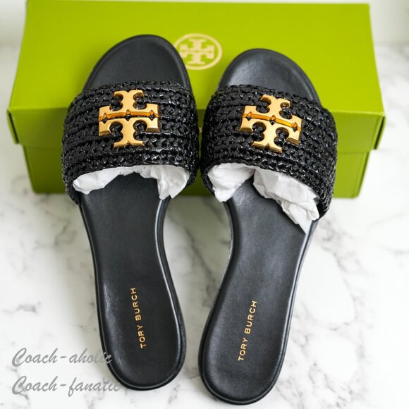 NIB Tory Burch Everly Slide Crochet Lacquered Raffia in Black Size 7/7.5 - Picture 1 of 8
